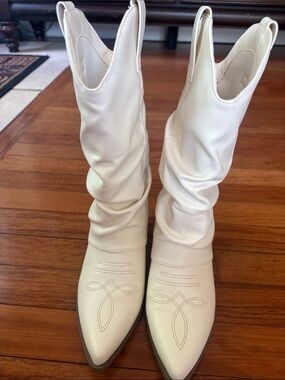 Indigo Cream Slouchy Western-Inspired Mid-Calf Boots